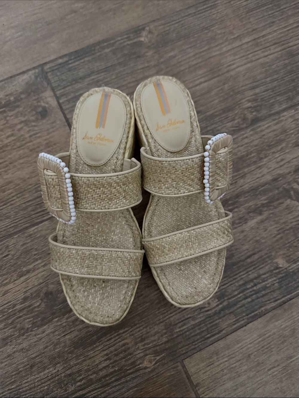 Sam Edelman Sole Natural Straw Slide Sandals with Beaded Buckles